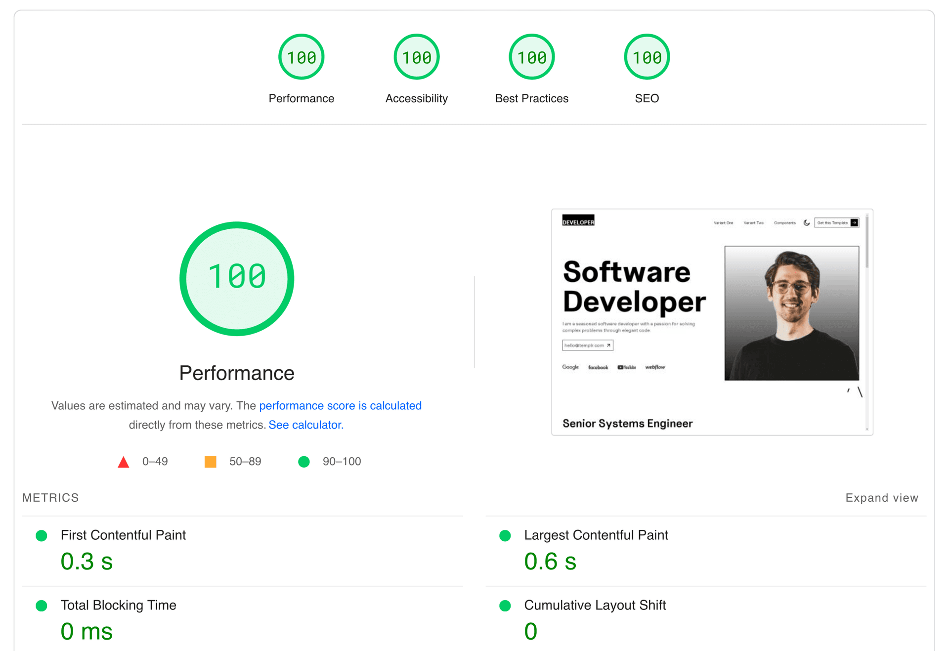 100 score on all points google page speed test